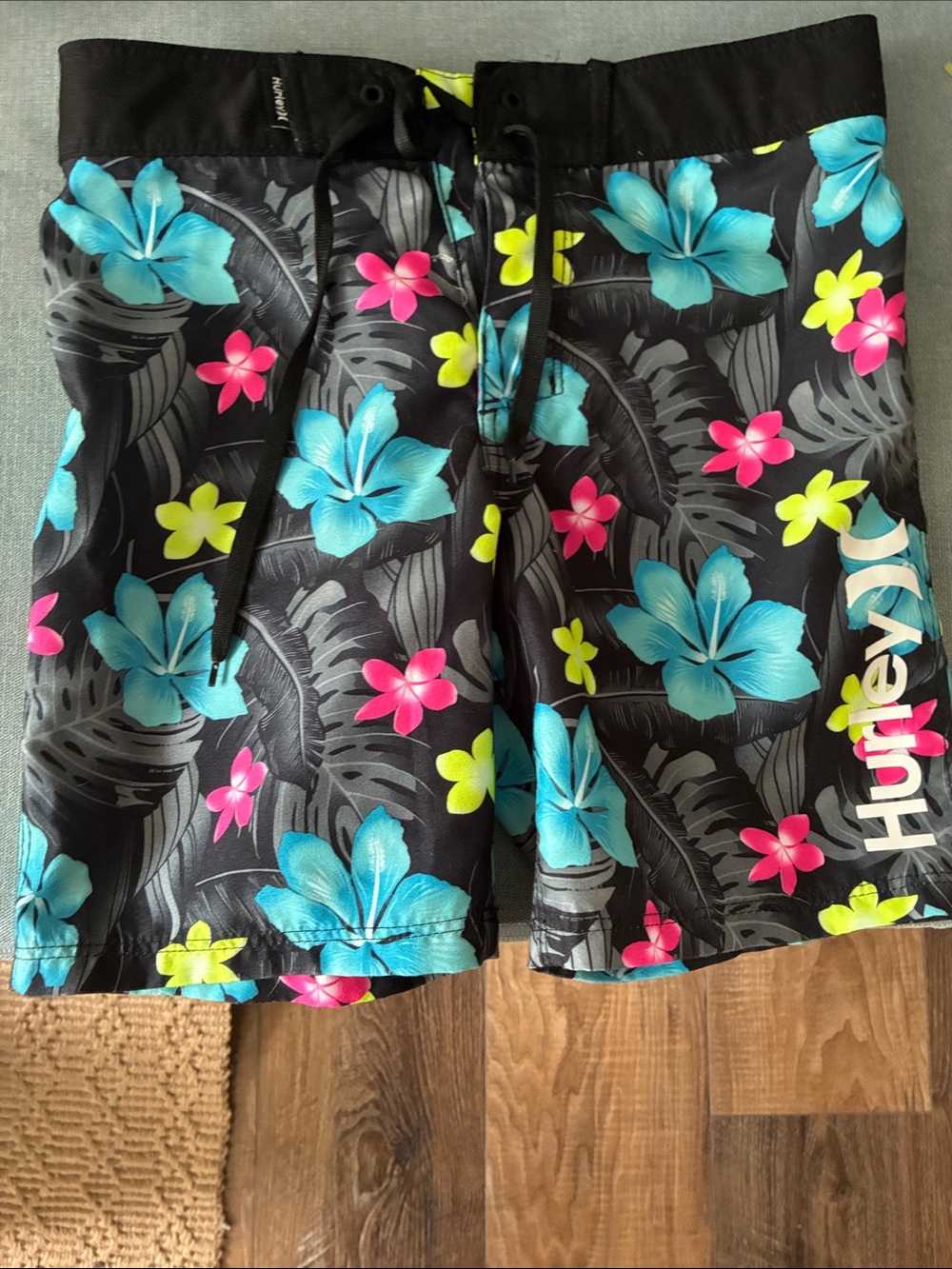 Hurley Black Floral Swim Shorts with Blue, Pink & Neon Yellow Flowers